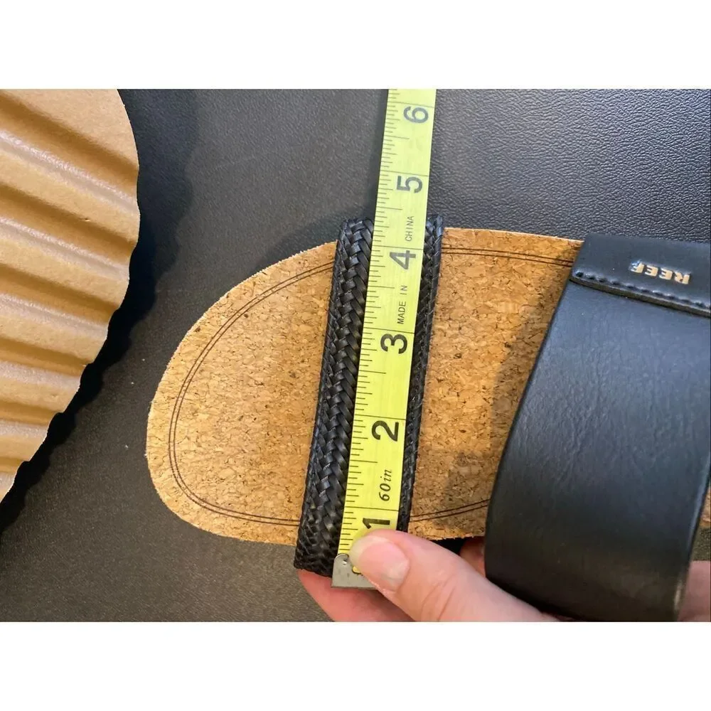 REEF • Black Vegan Leather Braided Double Strap Tan Cork/Foam 2” Sole Slide Sand